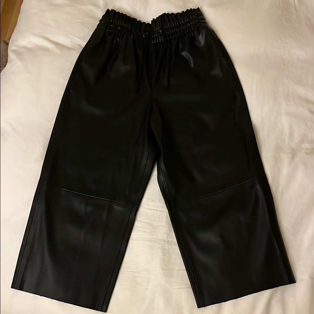 Zara High Waist Paperbag Cropped Wide Leg Faux Leather Pants